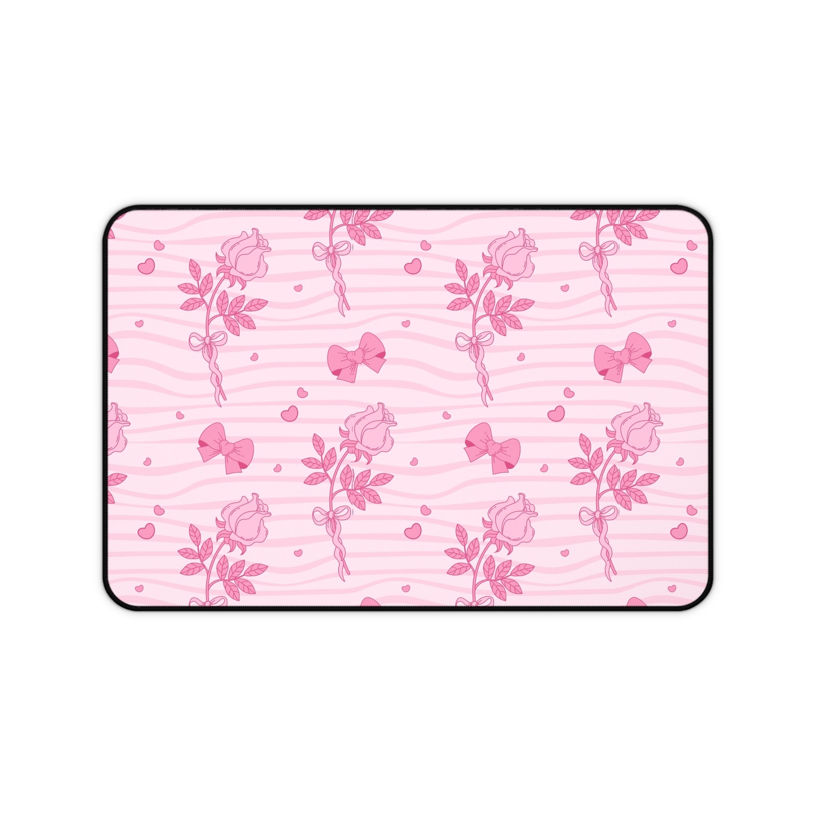Pink Rose Pattern Desk Mat | Bow Accent, Heart Motif