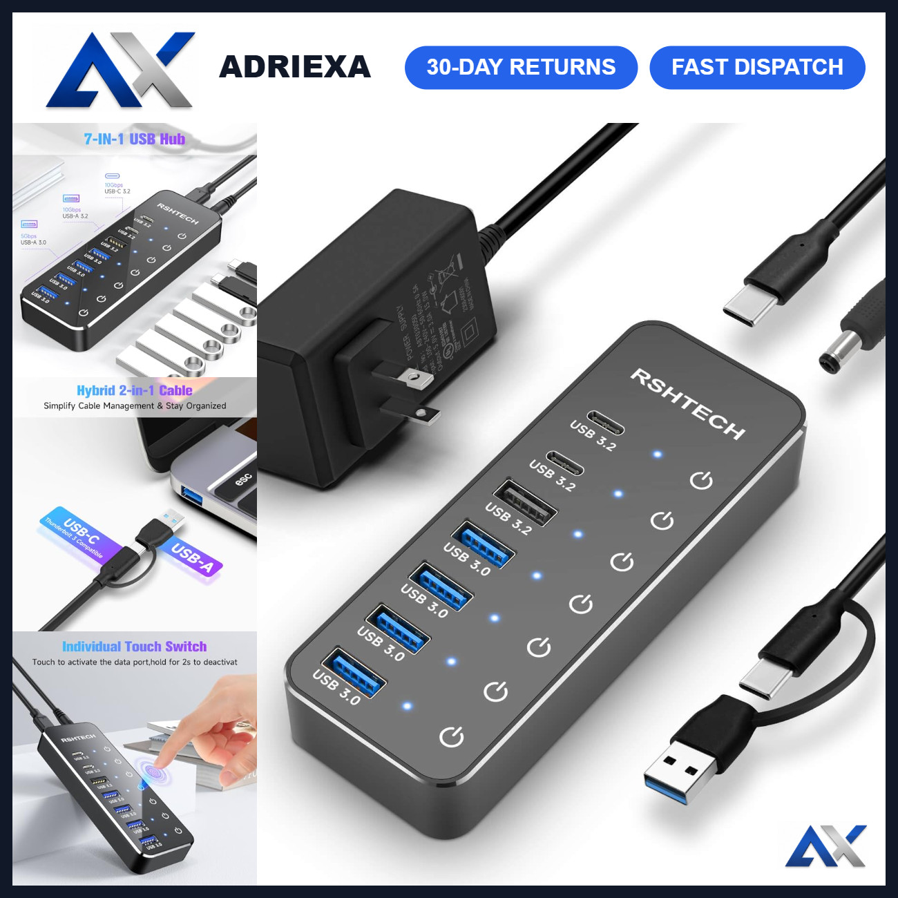 7-Port Powered USB Hub 3.2 with 10Gbps Data, Individual Switches & 5V Adapter