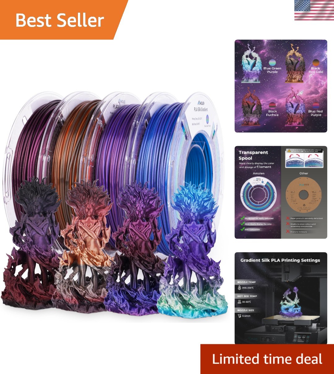 Vibrant Silk PLA 3D Printing Filament Set - 4 x 200g Spools, 1.75mm, No Clogging