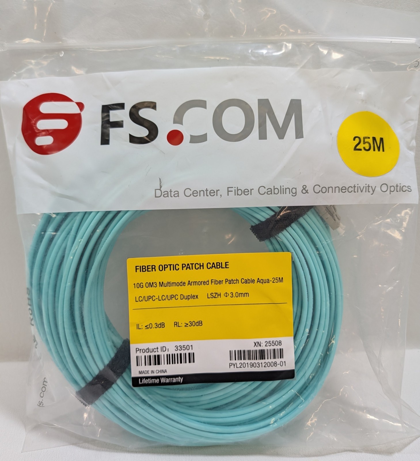 FS.com 25M OM3 Multimode Armored Fiber Patch Cable LC/UPC Duplex 10G LSZH 33501