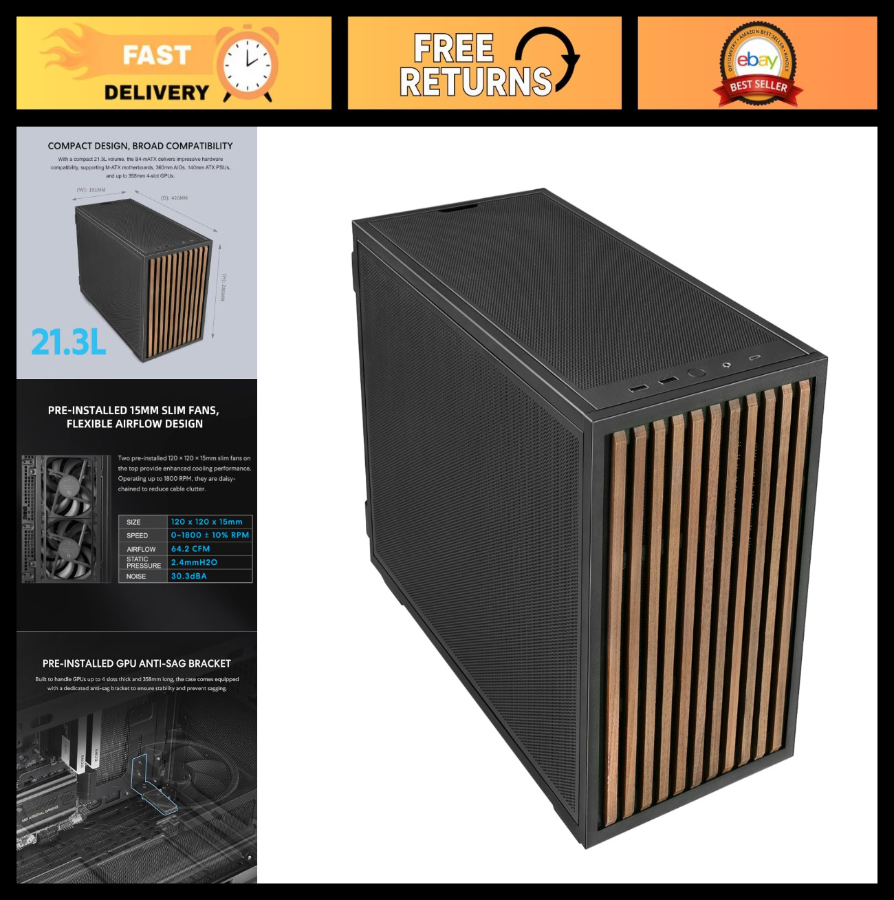 B4-mATX 21.3L PC Case, 358mm GPU, 360 AIO, 2 Slim Fans, Black Wood