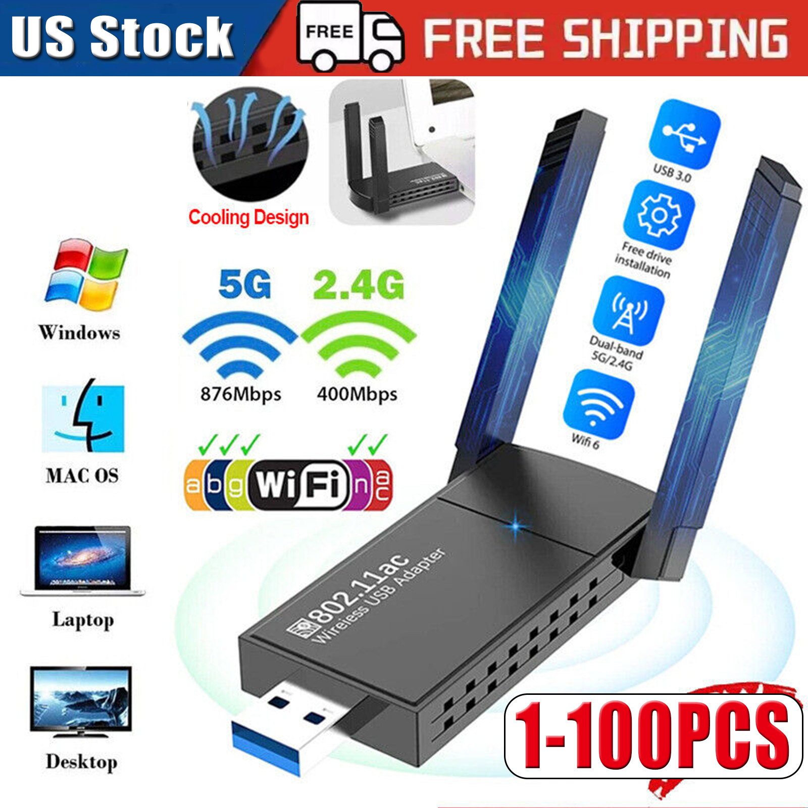 USB 3.0 Wireless WIFI Adapter 1300Mbps Long Range Dongle Dual Band Network lot