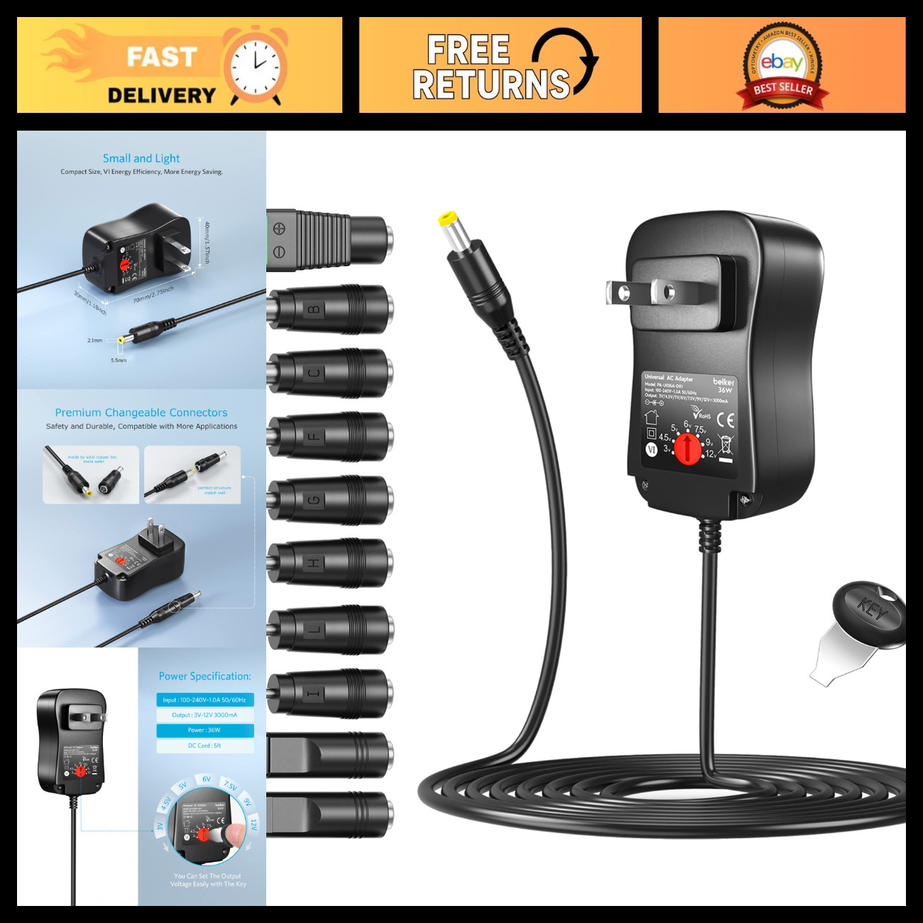 Universal 36W USB-C AC Adapter, 3V-12V Multi-Voltage Power Supply with 10 Tips