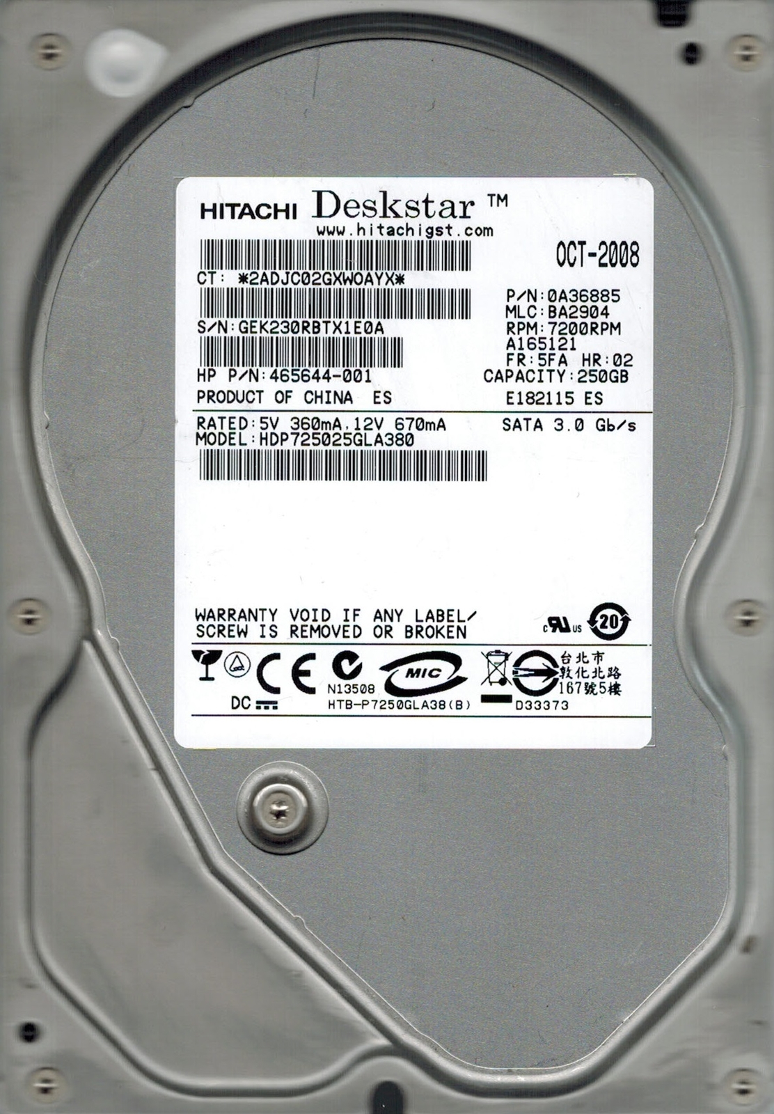 Hitachi HDP725025GLA380 P/N: 0A36885 MLC: BA2904 250GB