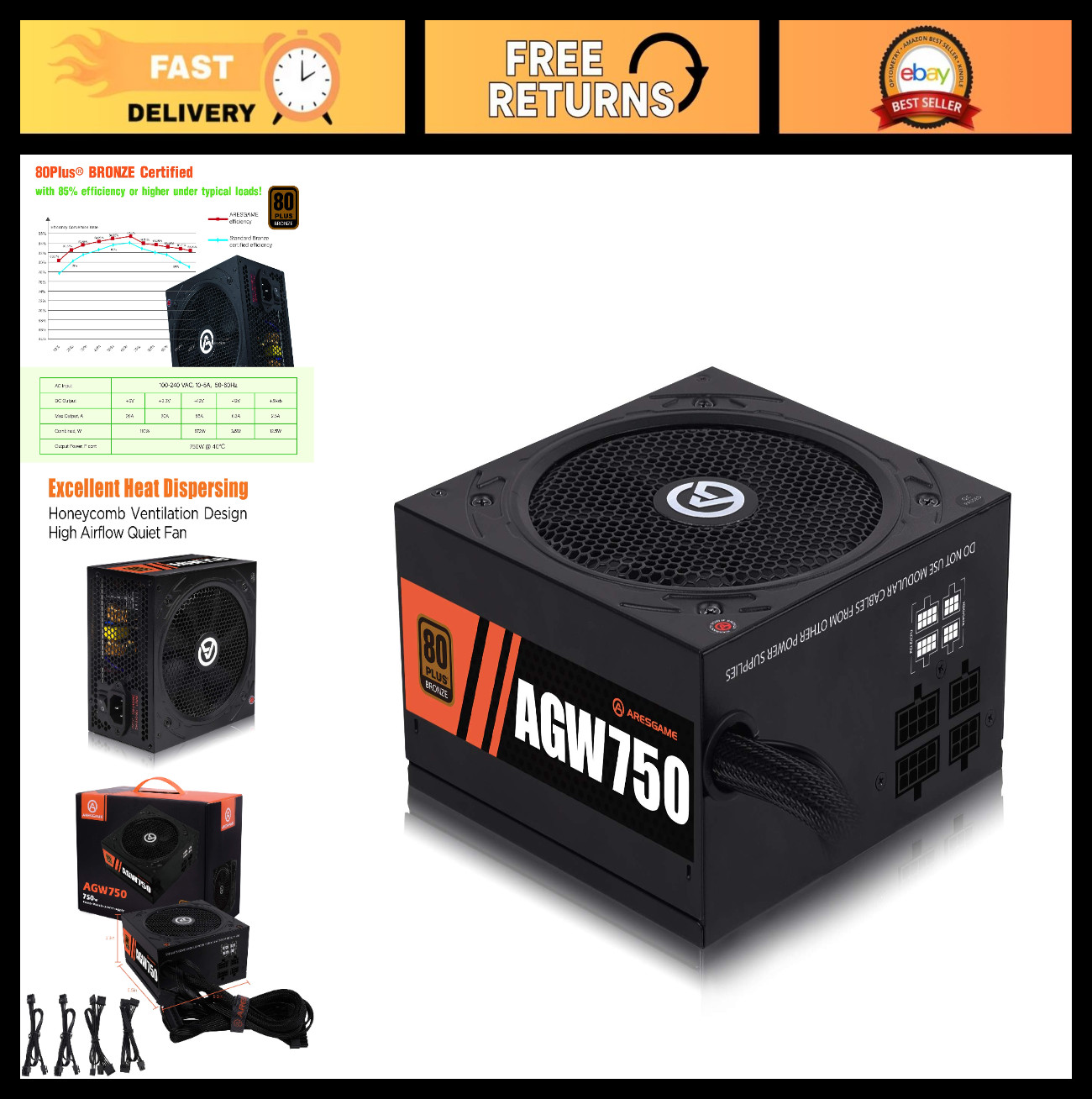750W 80+ Bronze Semi Modular ATX Power Supply Unit, High Efficiency PSU