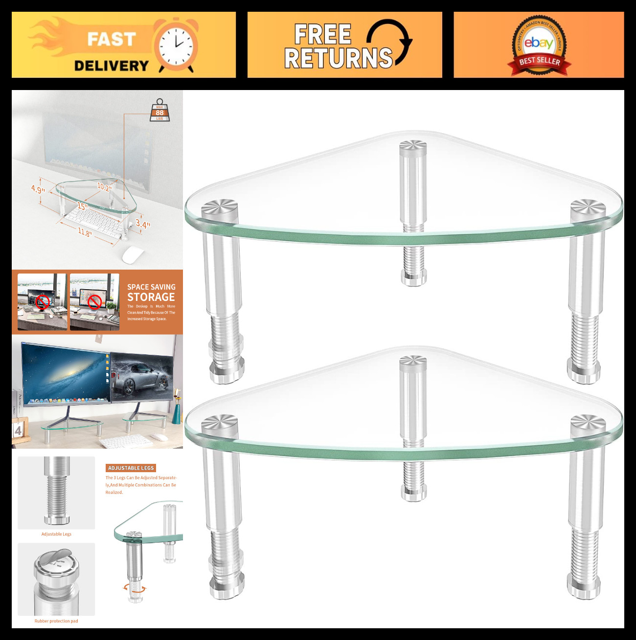2 Pack Monitor Riser Stand | Triangle Desktop Corner Stand for Computer & Laptop