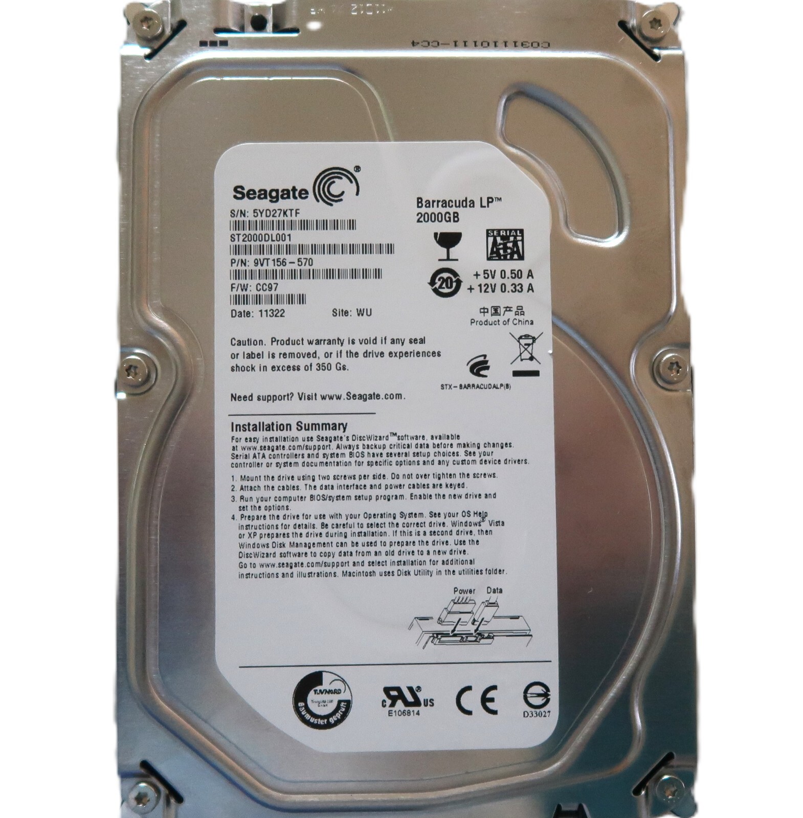 Seagate ST2000DL001 9VT156-570 FW:CC97 (5YD2) WU China 3.5" 2000gb Sata 02/2011