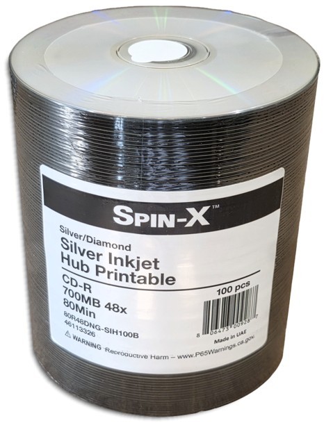 100-Pak Spin-X Silver Inkjet Hub Printable DIAMONDSILVER 48X 80-Min CD-R's