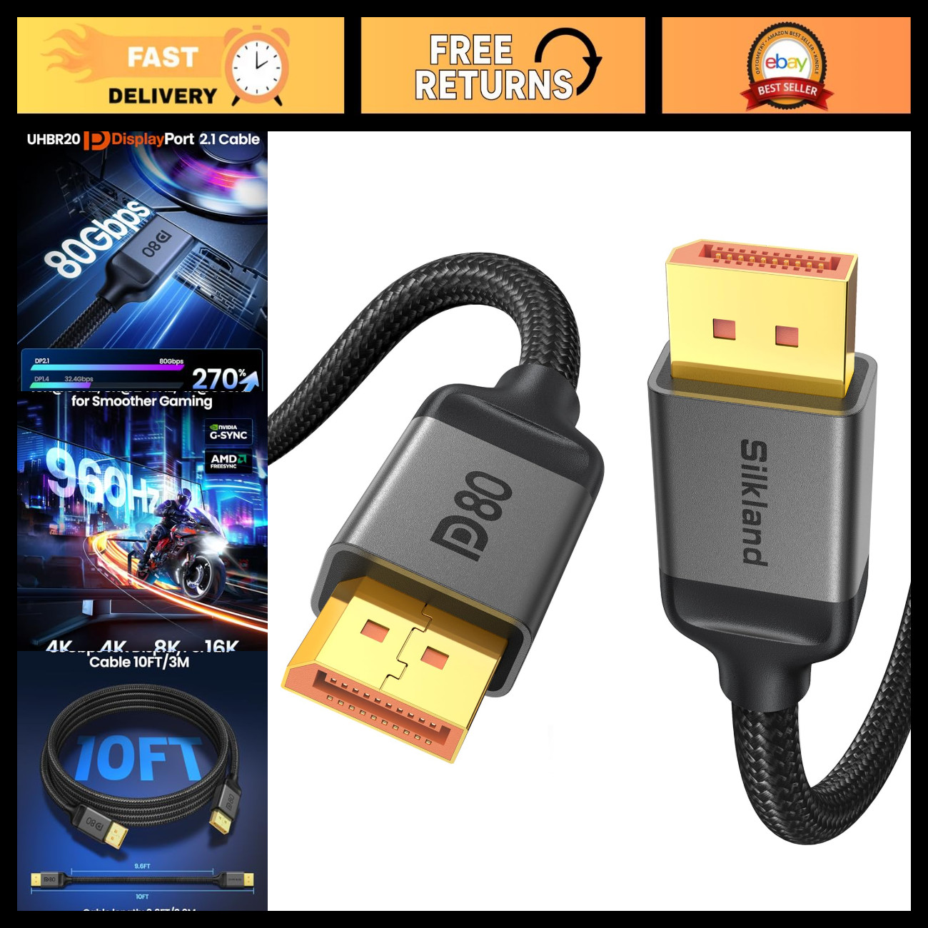 High-Speed 80Gbps DisplayPort 2.1 Cable 10FT/3M, HDR Gaming Cord for PC & Monito