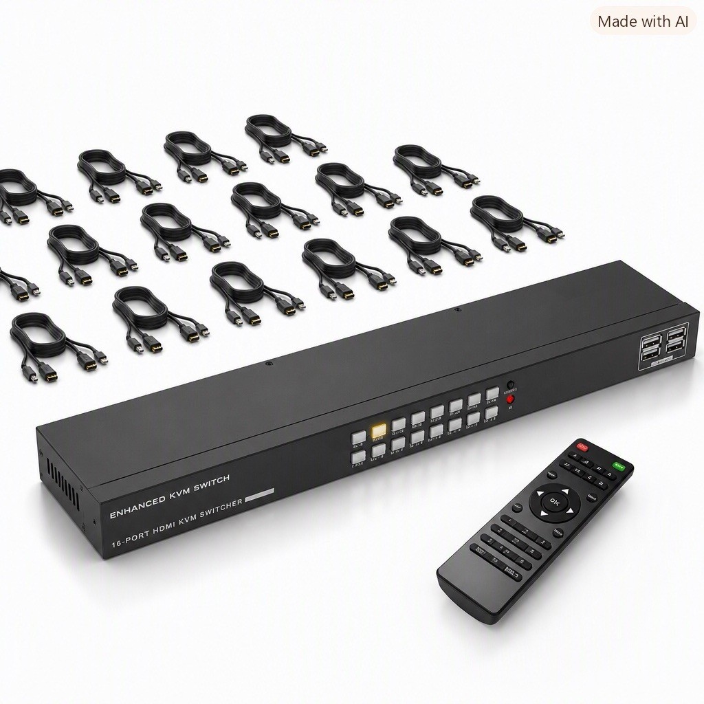 MT-VIKI 16 Port HDMI KVM Switch 4K Rack Mount w/16 Cables & Remote