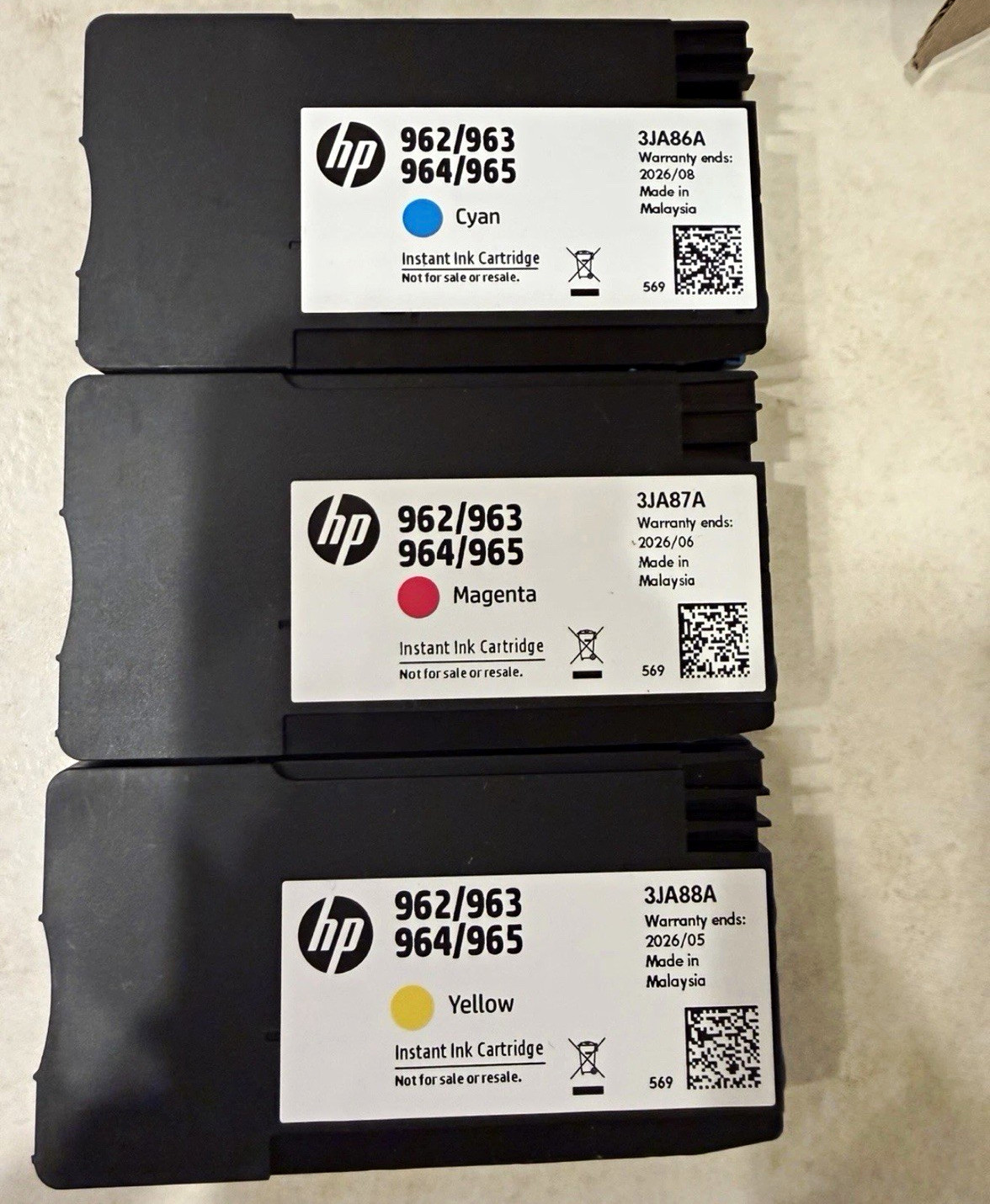 New HP Inkjet Ink Cartridges 3-pack 962/963 964/965 Cyan, Magenta, Yellow