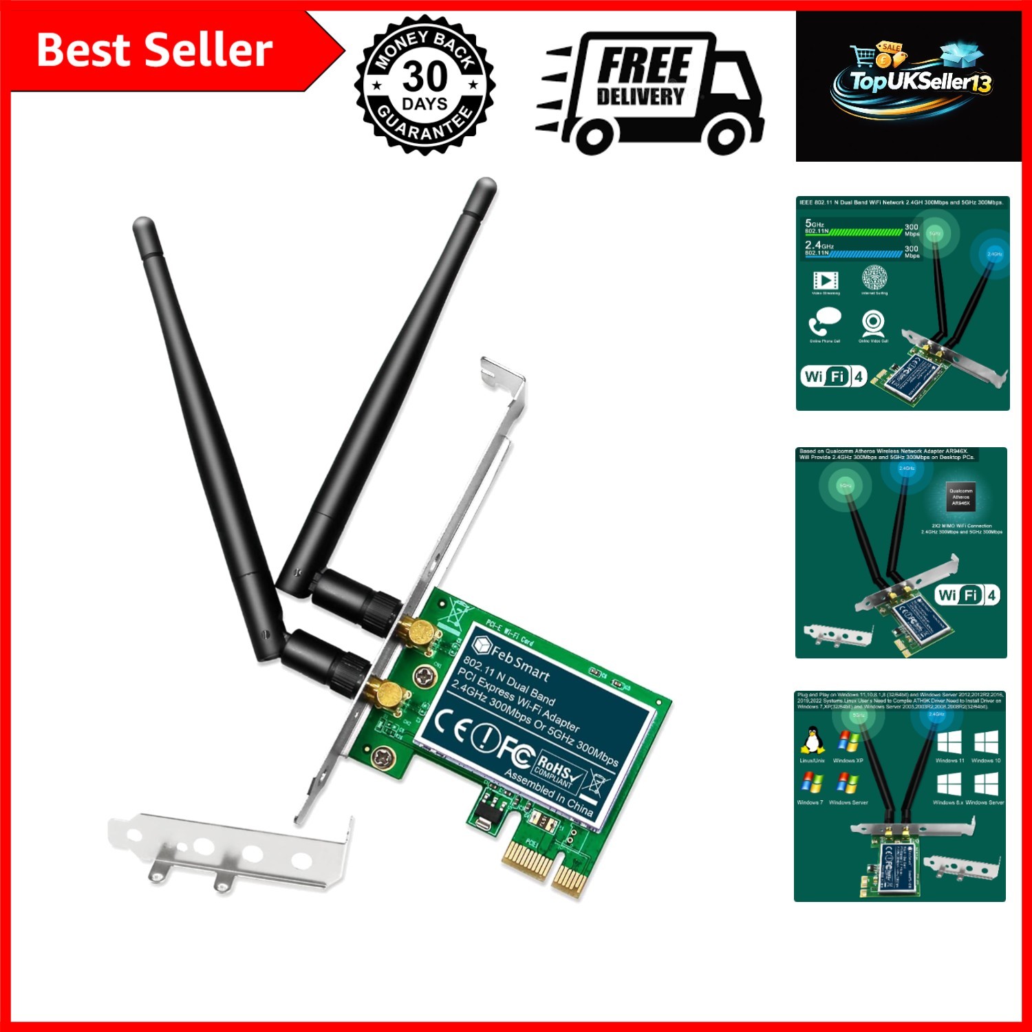 Wireless N Dual Band 600Mbps 2.4GHz 300Mbps or 5GHz 300Mbps PCIE WiFi Adapter...