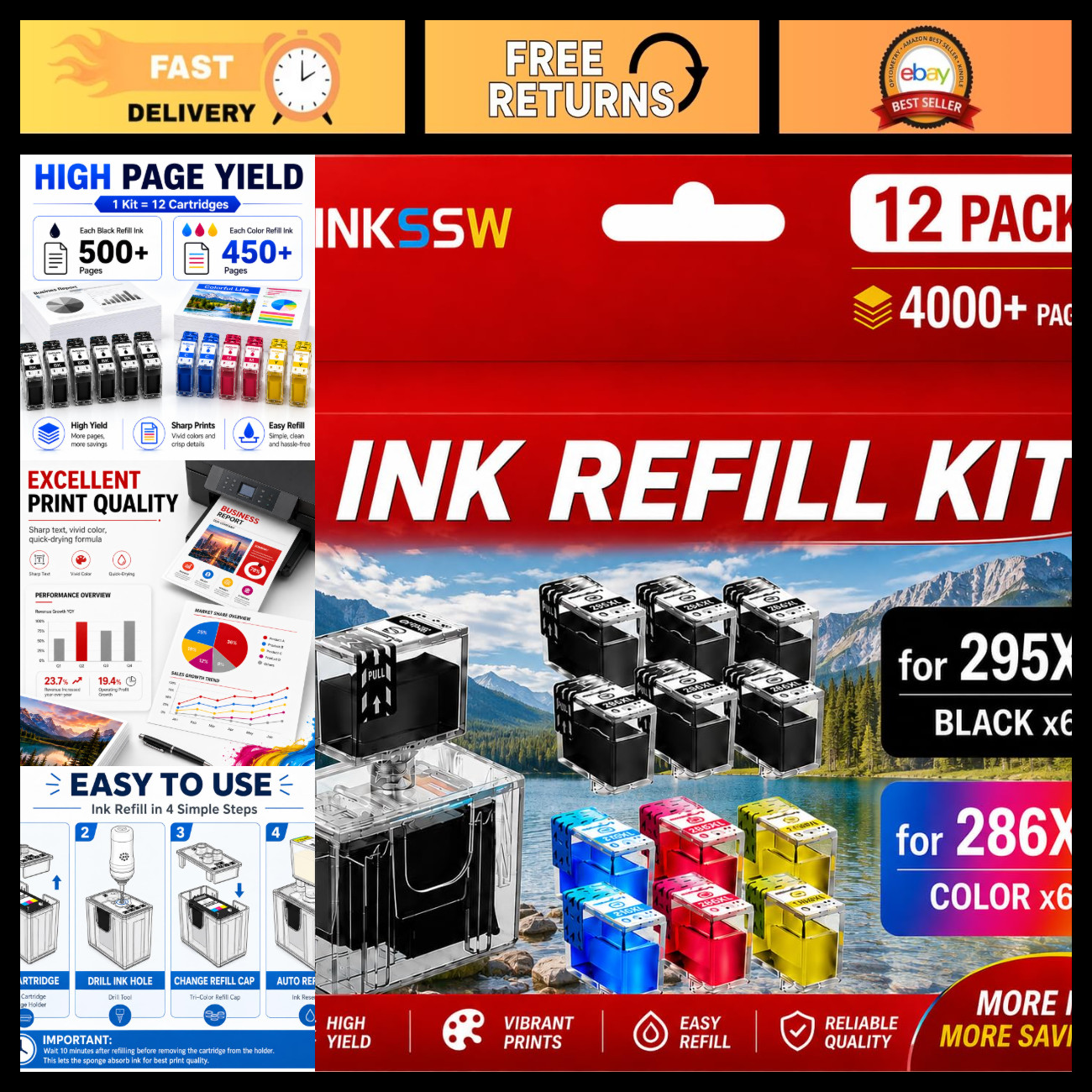 295XL 286XL Ink Refill Kit for Canon Printers - 12 Pack Compatible Cartridges