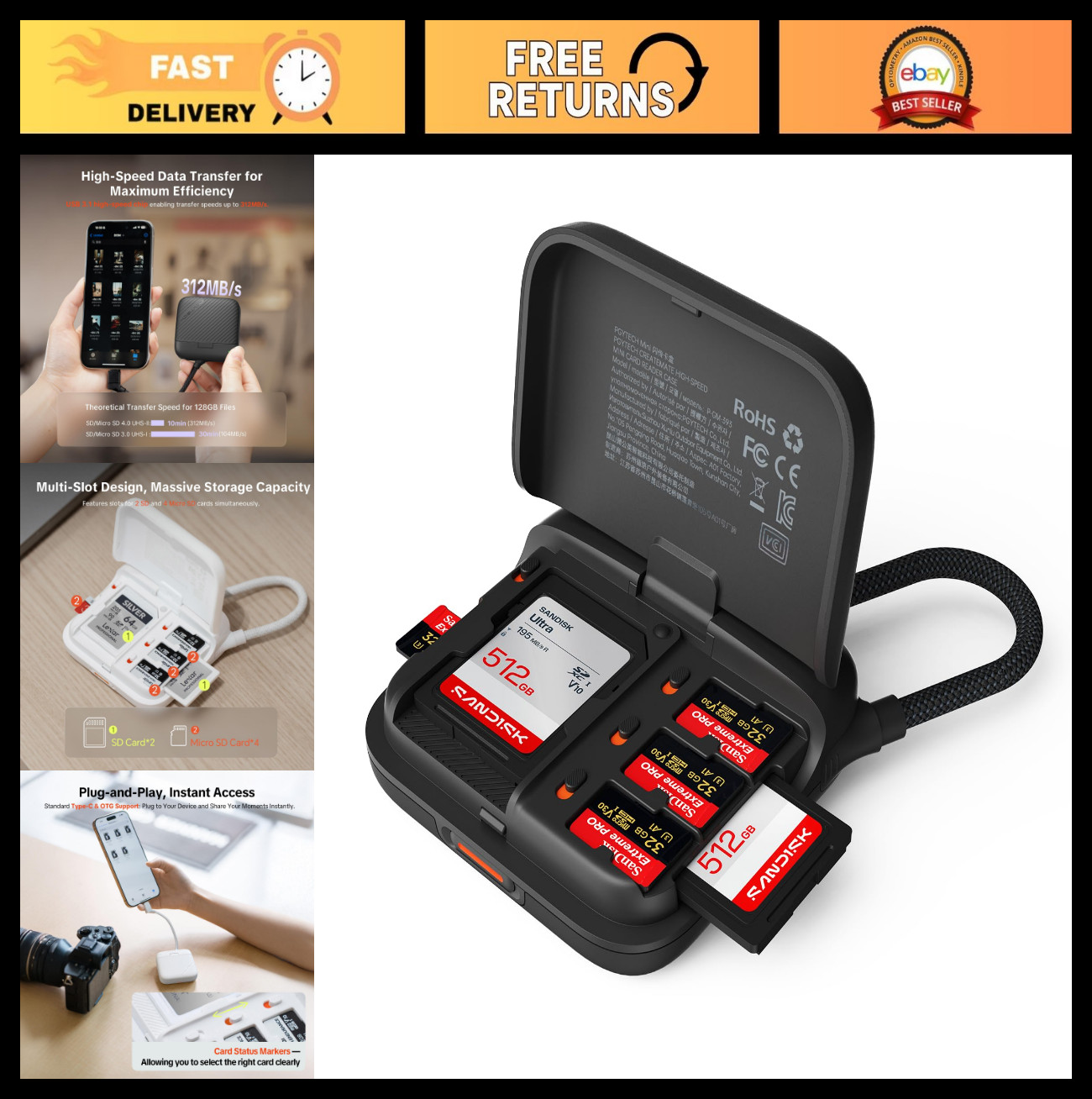 2-in-1 UHS-II SD & Micro SD Card Reader, USB 3.1 Type-C, Portable Case, 6-Slot S