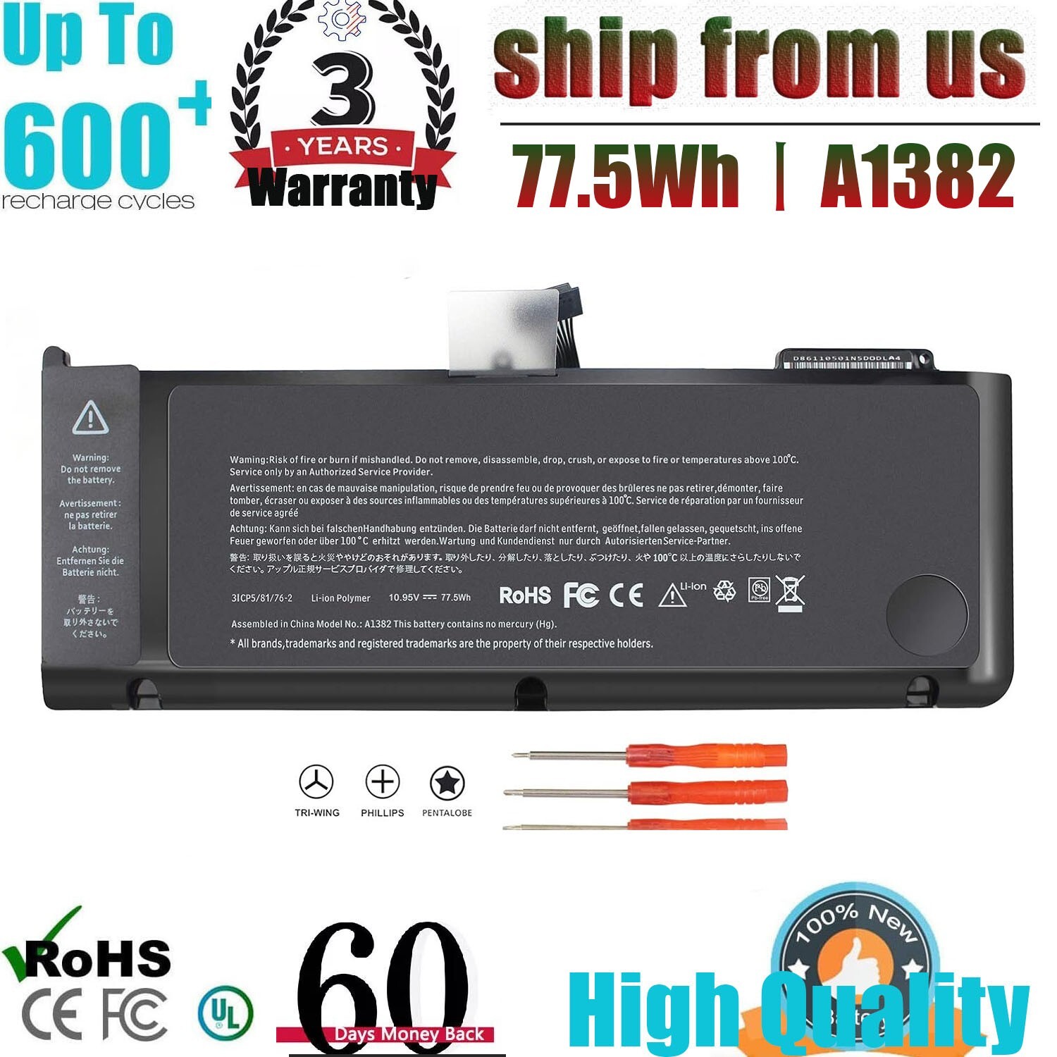 A1382 BATTERY 77.5Wh For MacBook Pro 15" A1286 Early /Late 2011 Mid 2012 US NEW