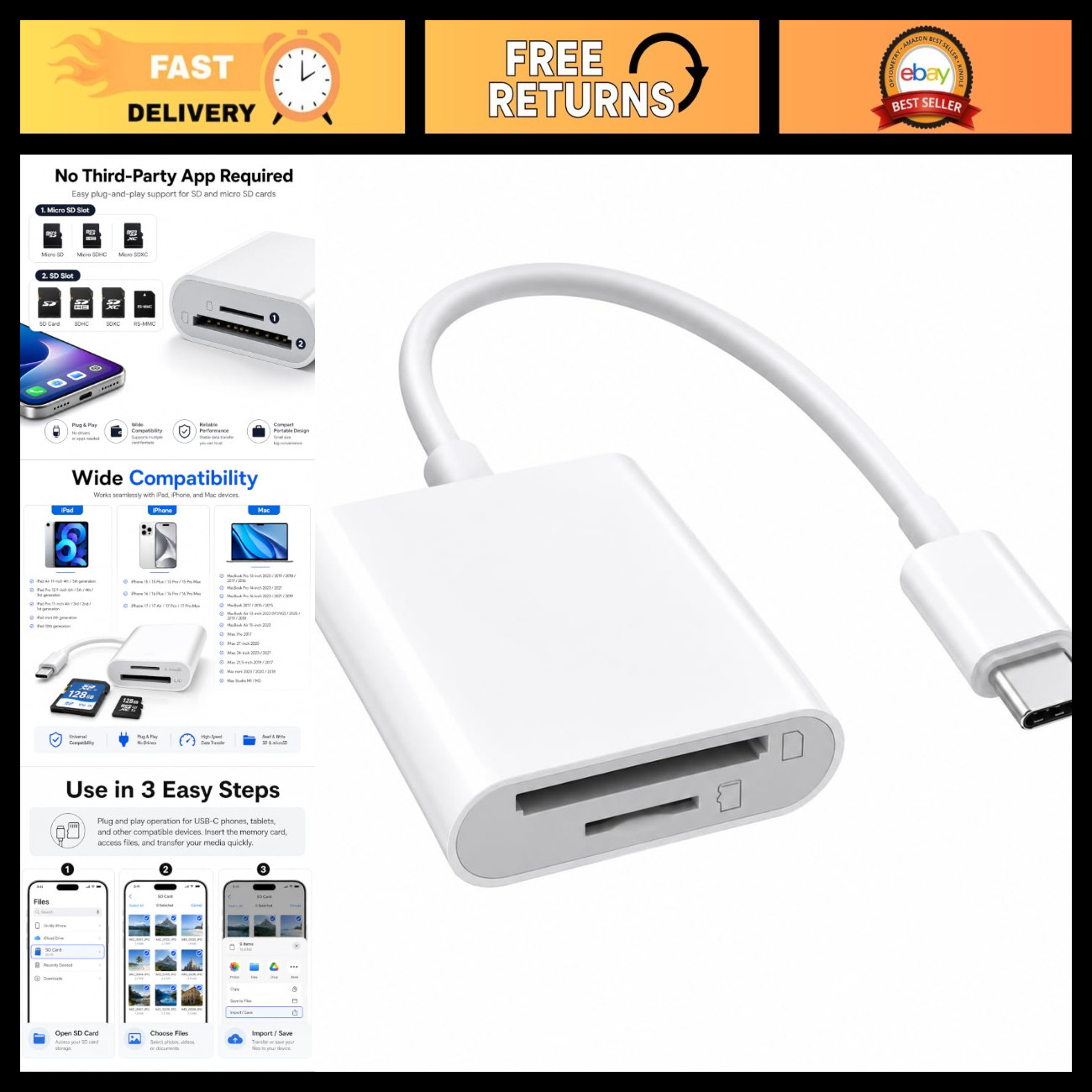 2-in-1 USB-C SD & MicroSD Card Reader for iPhone, iPad, MacBook, Android - 512GB