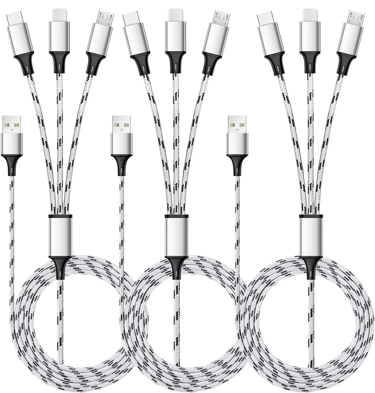Multi Charging Cable, 5ft 3Pack Charger Cable Nylon Braided 5ft, Silver