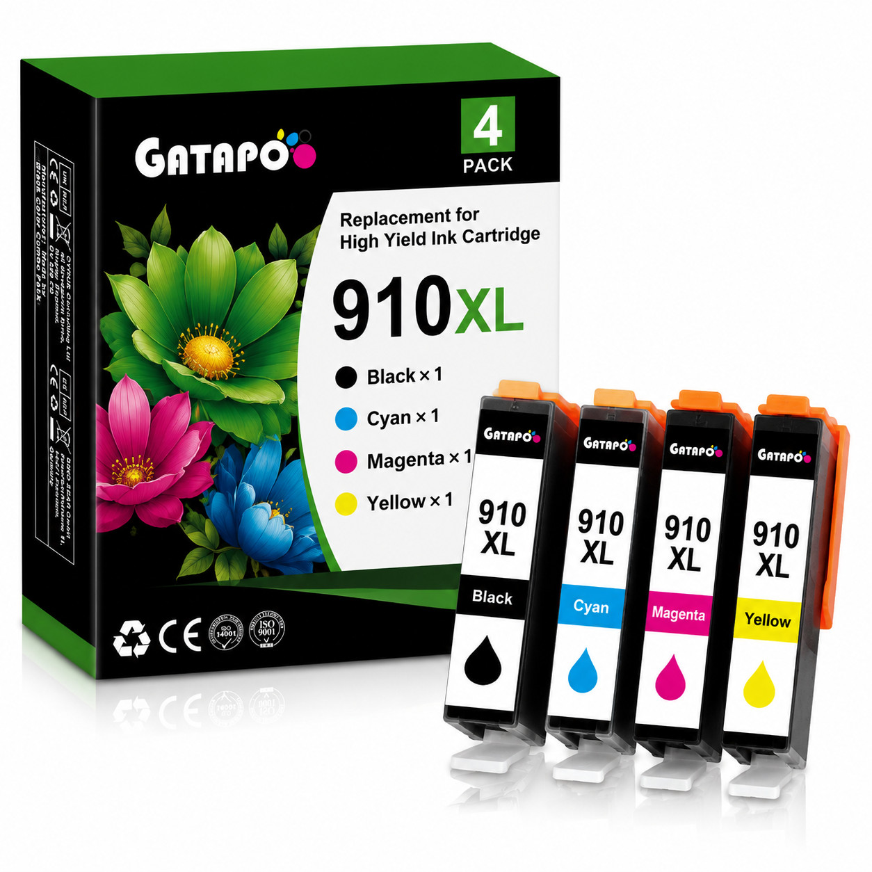 4 PACK 910XL Ink Combo W/Chip for OfficeJet Pro 8010 8020 8022 8025 8028 8030