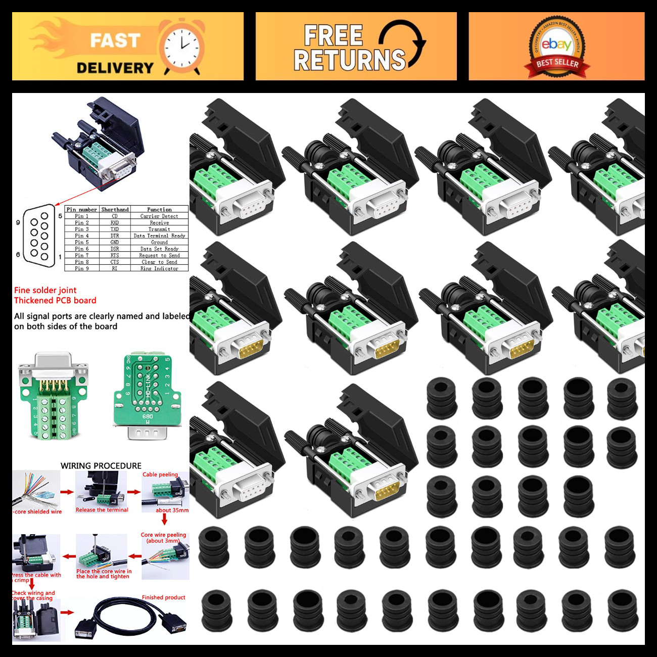 10PCS Solderless DB9 Serial Breakout Connector 9-Pin Male Female Adapter