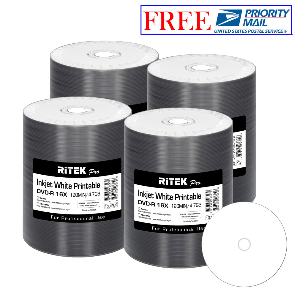 400 Pack Ritek Pro DVD-R 16X 4.7GB White Inkjet Hub Printable Blank Media Disc