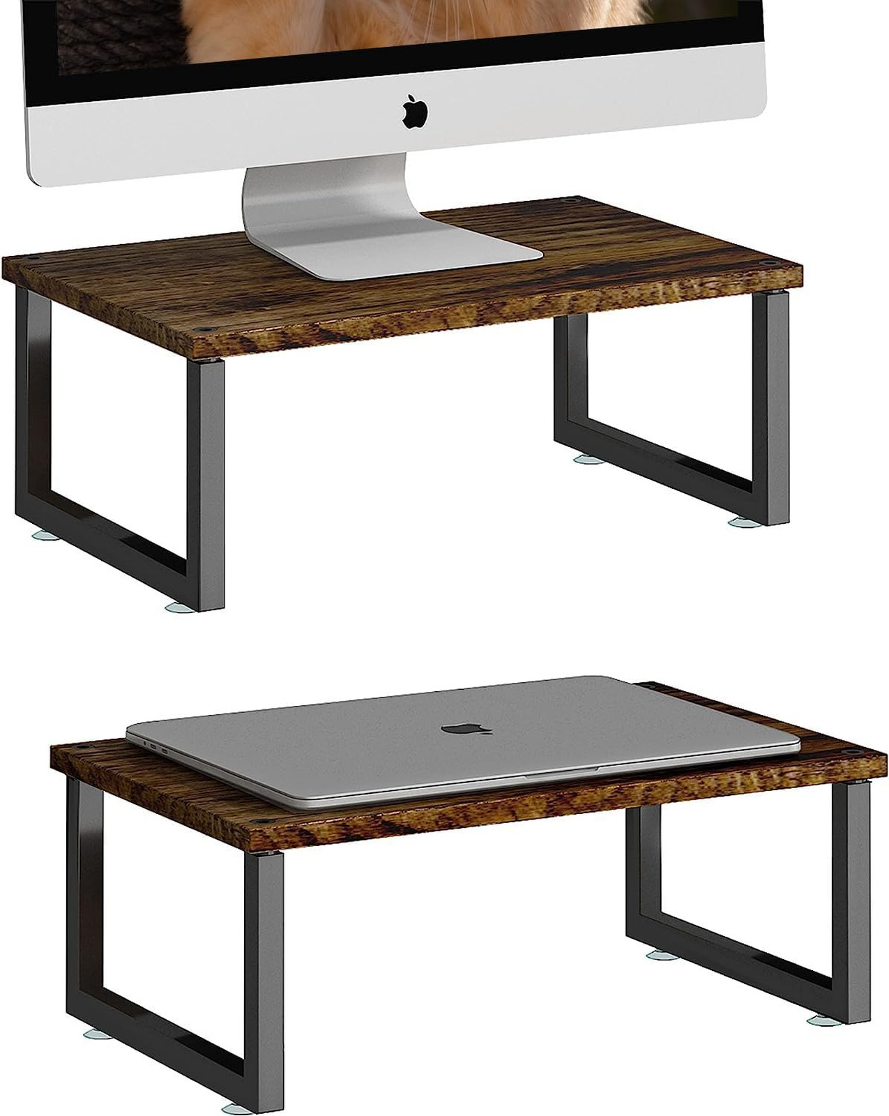 Wood Monitor Stand Riser 2 Pack Antique Brown Rustic Metal Multiuse Office