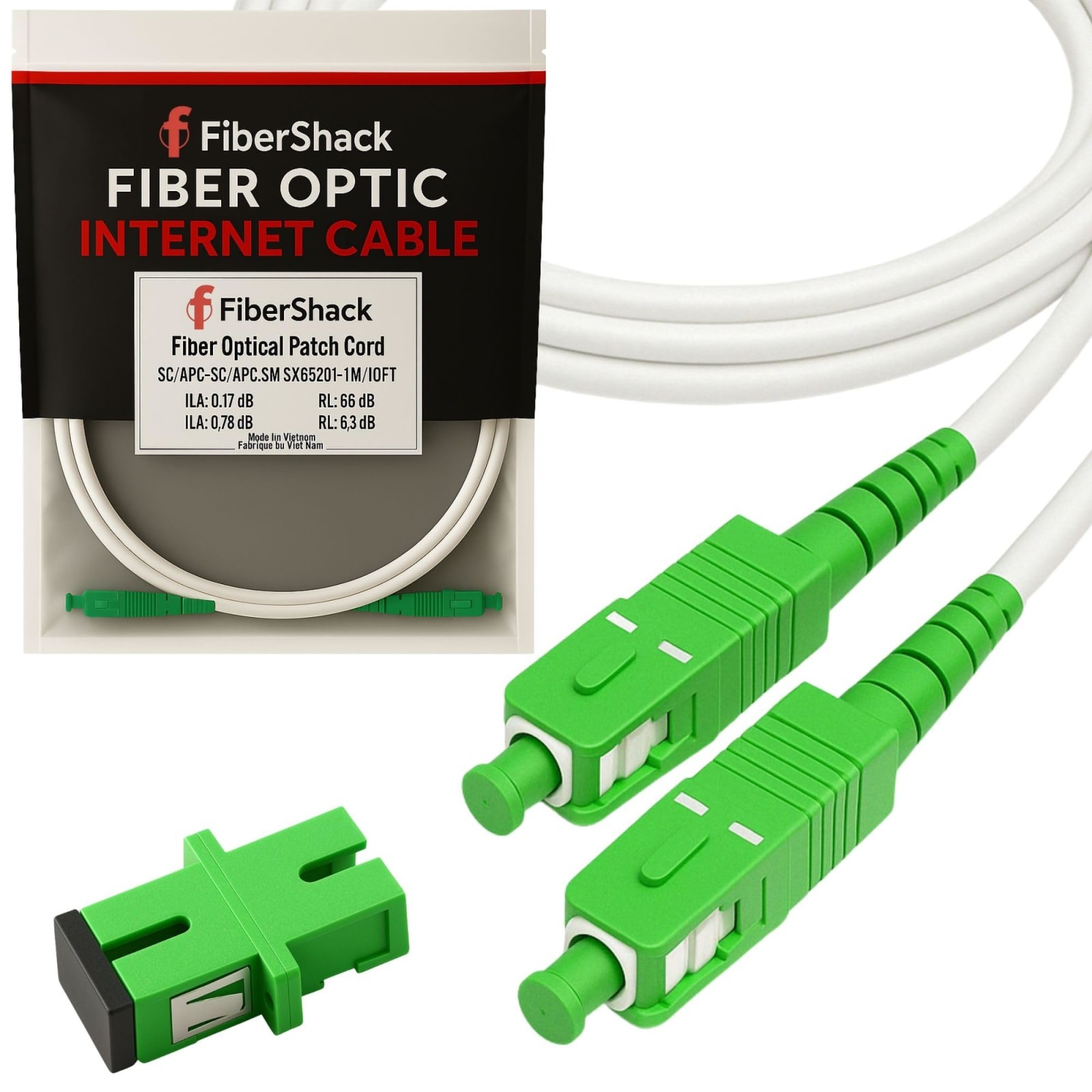 Fibershack White SC/APC-SC/APC 15M 50ft Single Mode Fiber Patch Cable Coupler