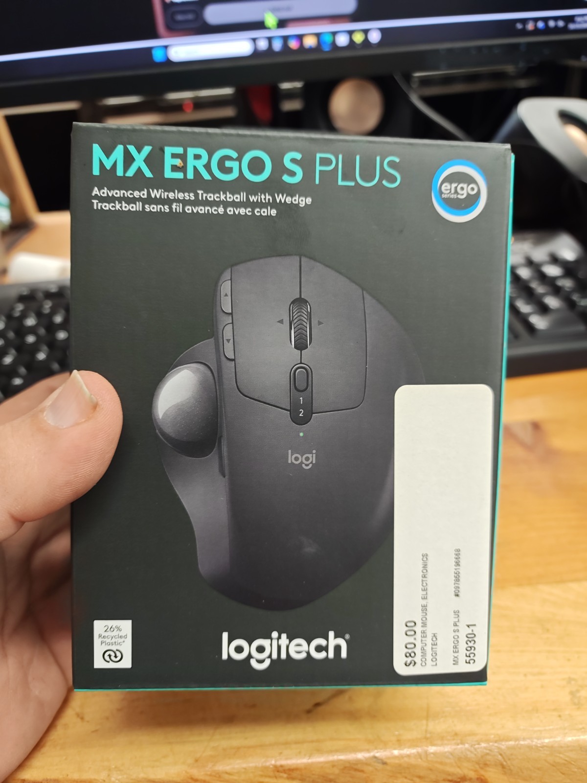 New Logitech MX Ergo S Plus Advanced Wireless Ergonomic Trackball Mouse (Black)
