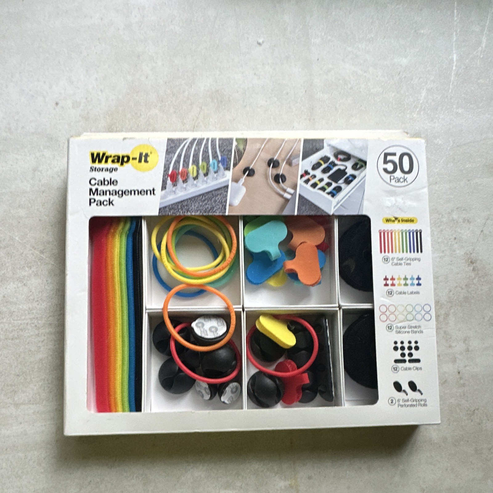 Wrap-It Cable Management Pack, 50pc Multicolor 6in Reusable Adjustable