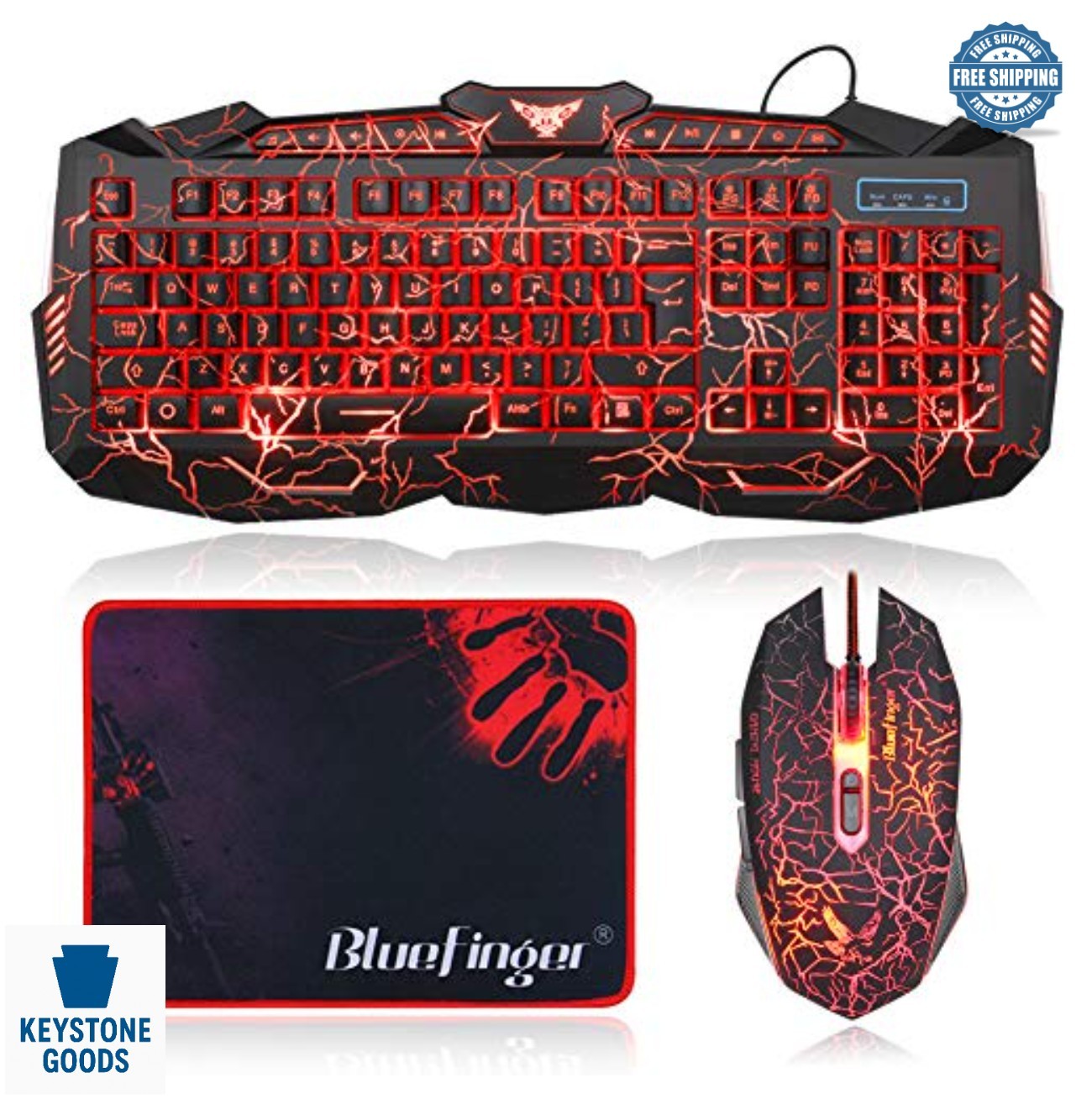 Gaming Keyboard Mouse Combo USB Wired 3 Color LED Backlit 114 Keys 2000 DPI