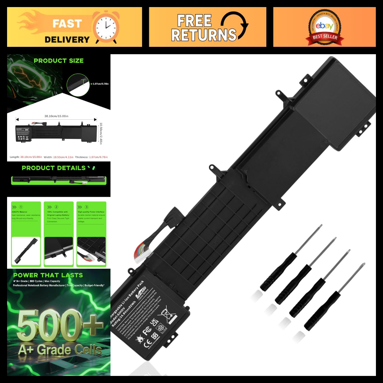 High-Capacity 8-Cell Replacement Battery for Dell Alienware 17 R2/R3 Series, 92W