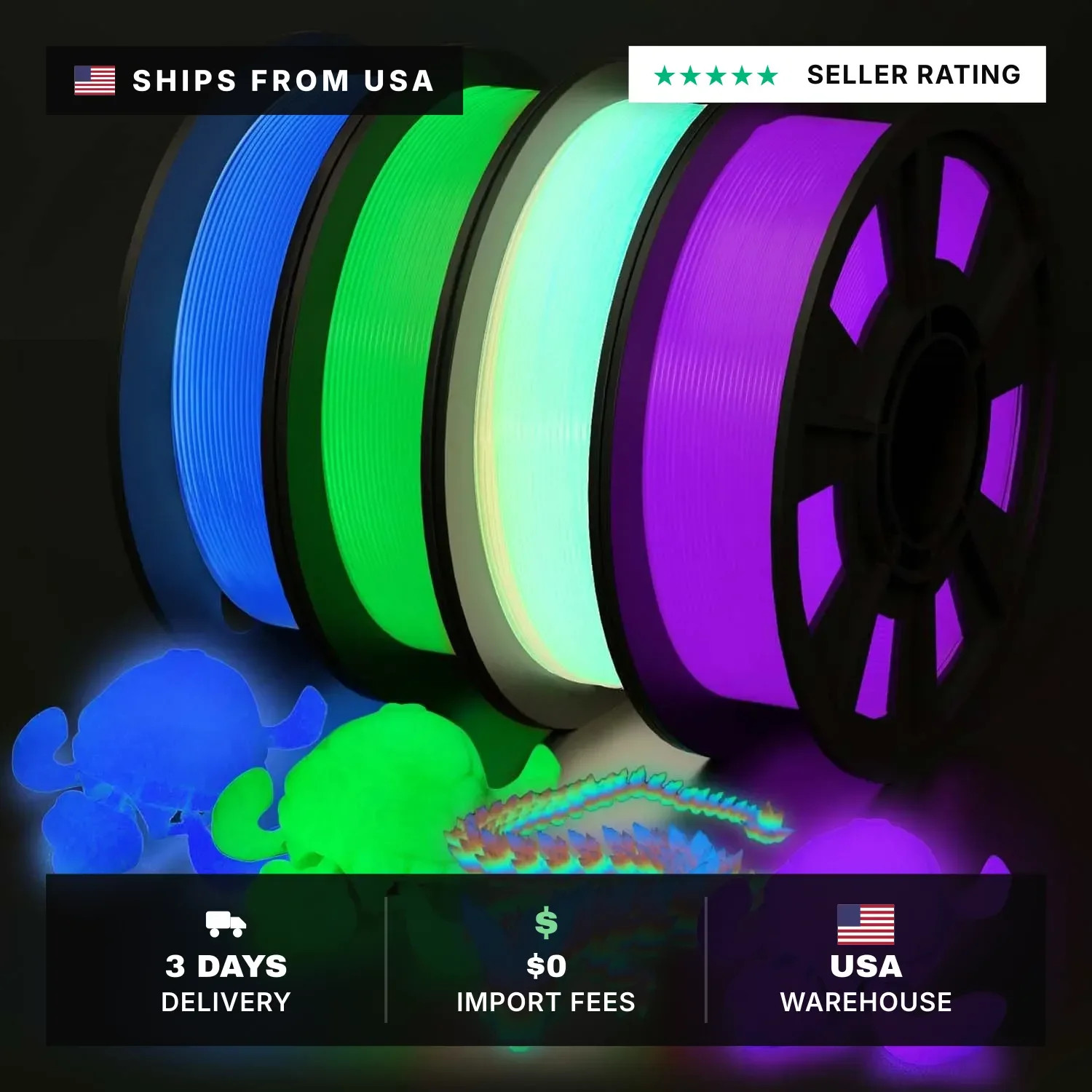 3D Printer Filament Bundle Glow in Dark Multicolor PLA 1.75mm 4 Pack