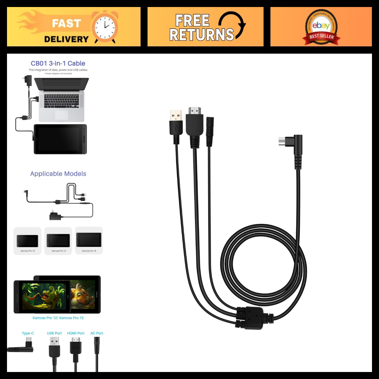 3-in-1 HDMI Cable for Graphics Drawing Tablet Kamvas Pro 16/13/12 - High-Speed,