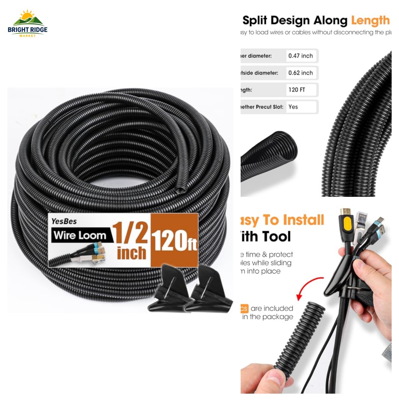 120 FT Split Wire Loom 1/2 Inch Black Tubing for Cable Protection Indoor Outdoor