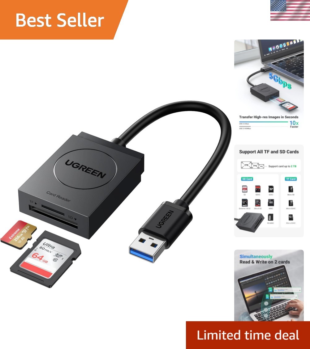 Compact USB 3.0 Dual Slot Card Reader - Simultaneous Data Transfer for SD & TF