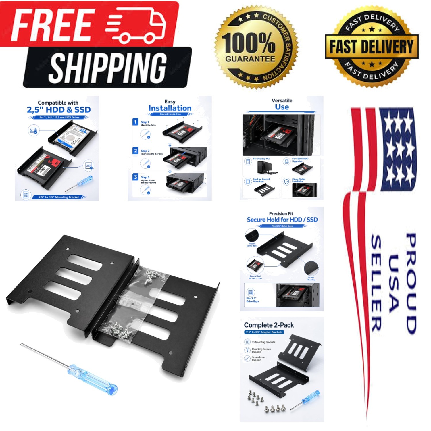 2-Pack Metal Hard Drive Adapter Kit - Effortless SSD/HDD Installation for PC