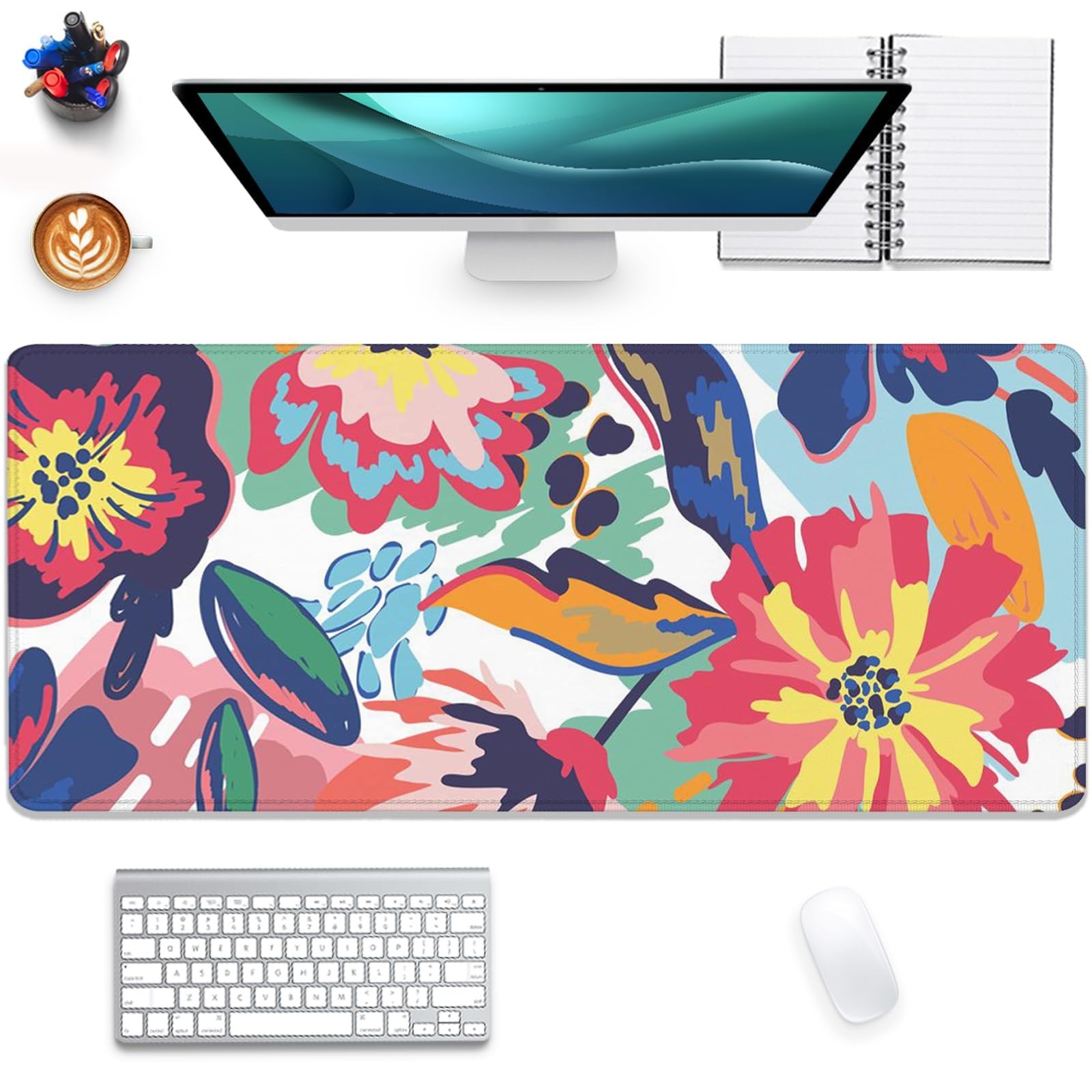 Extended Gaming Mouse Pad - Abstract Floral Leaves Design, Non-Slip Waterproof,