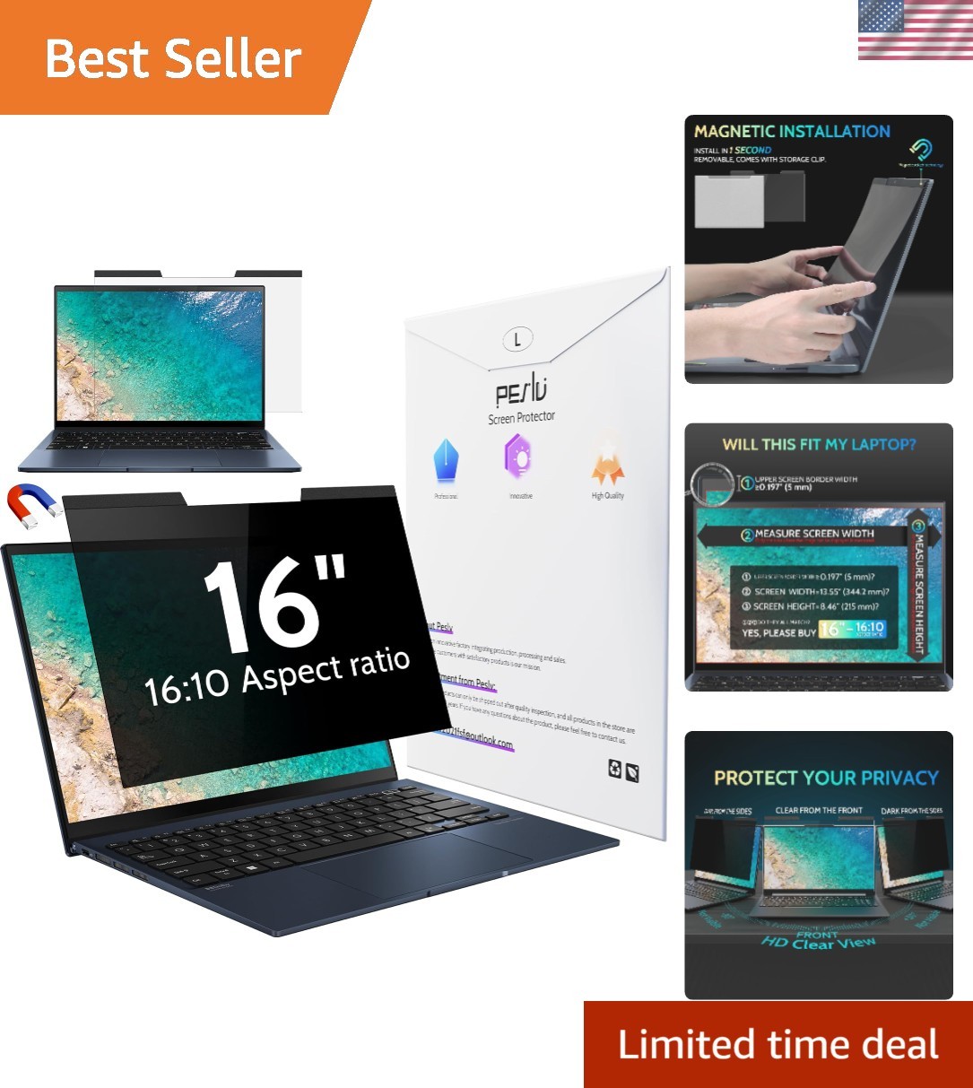 16" Magnetic Anti-Spy Laptop Screen Protector - Instant Installation, Eye Care