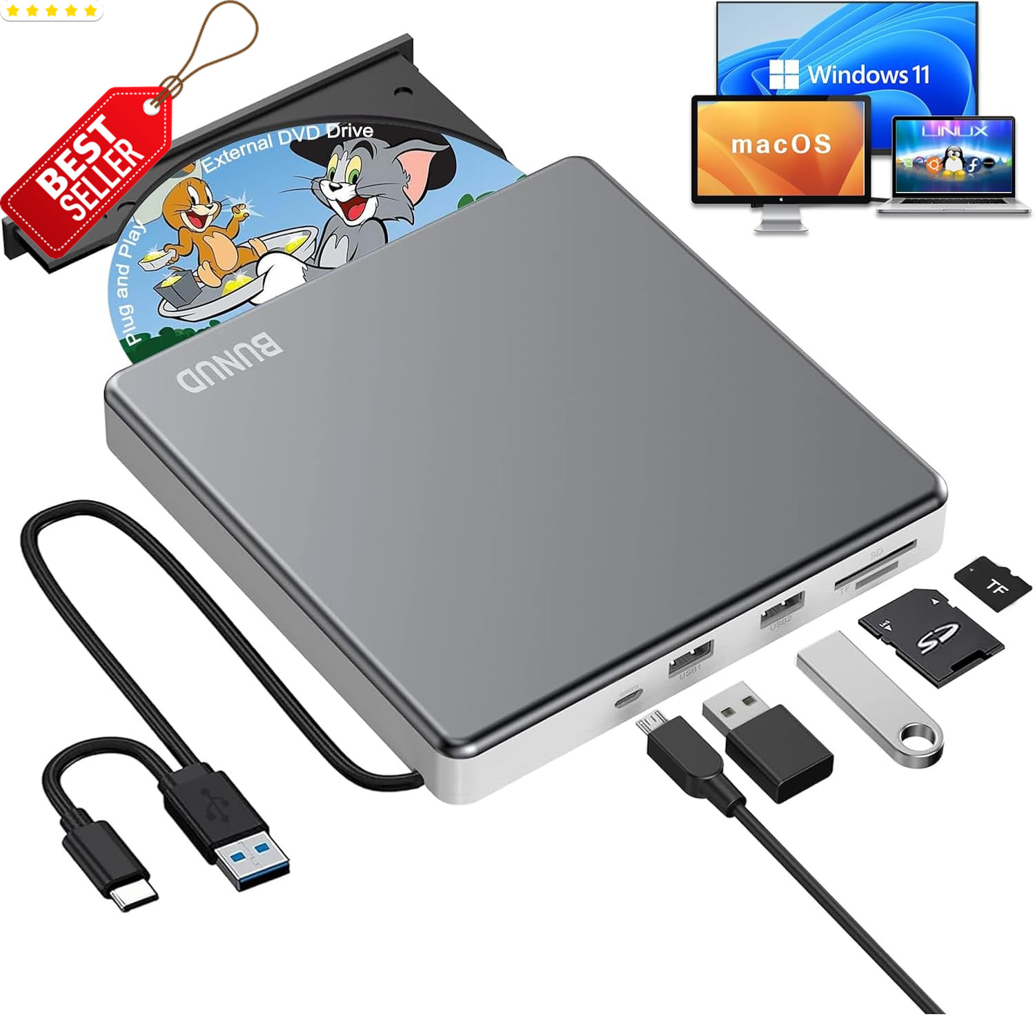 External USB C DVD Drive CD RW Burner Reader for Mac Windows Laptop - US