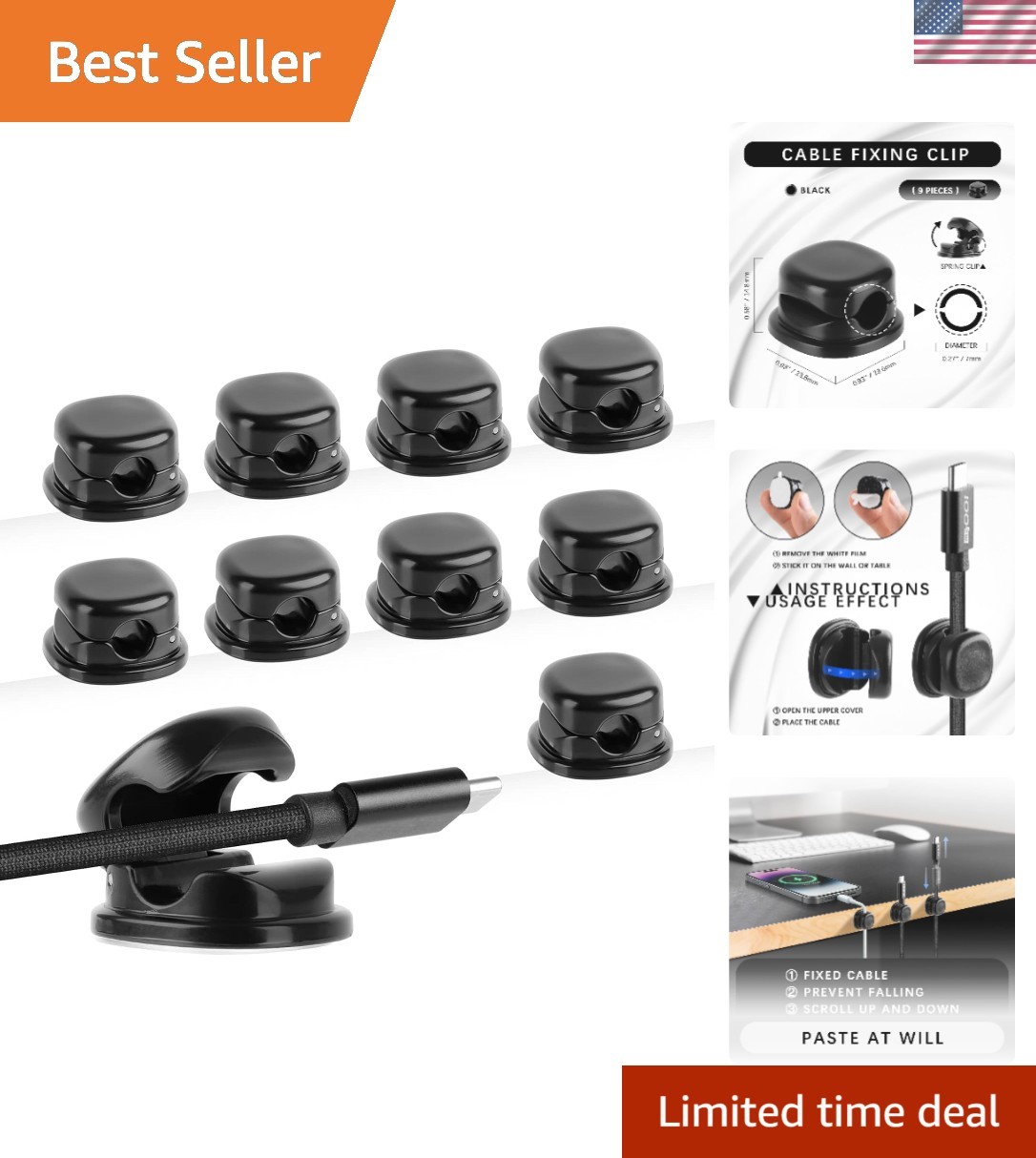 7mm Cable Clips 9 Pack Black Spring Loaded Cord Organizer for Desk Nightstand...