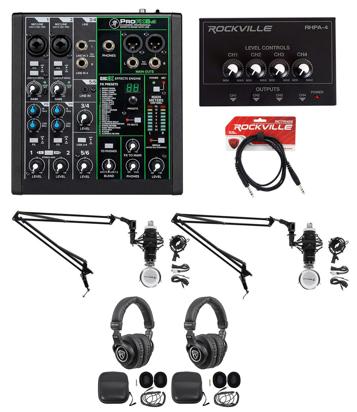 2-Person Podcast Podcasting Recording Kit w/Mackie ProFX6v3 v3 Mixer+Boom Arms