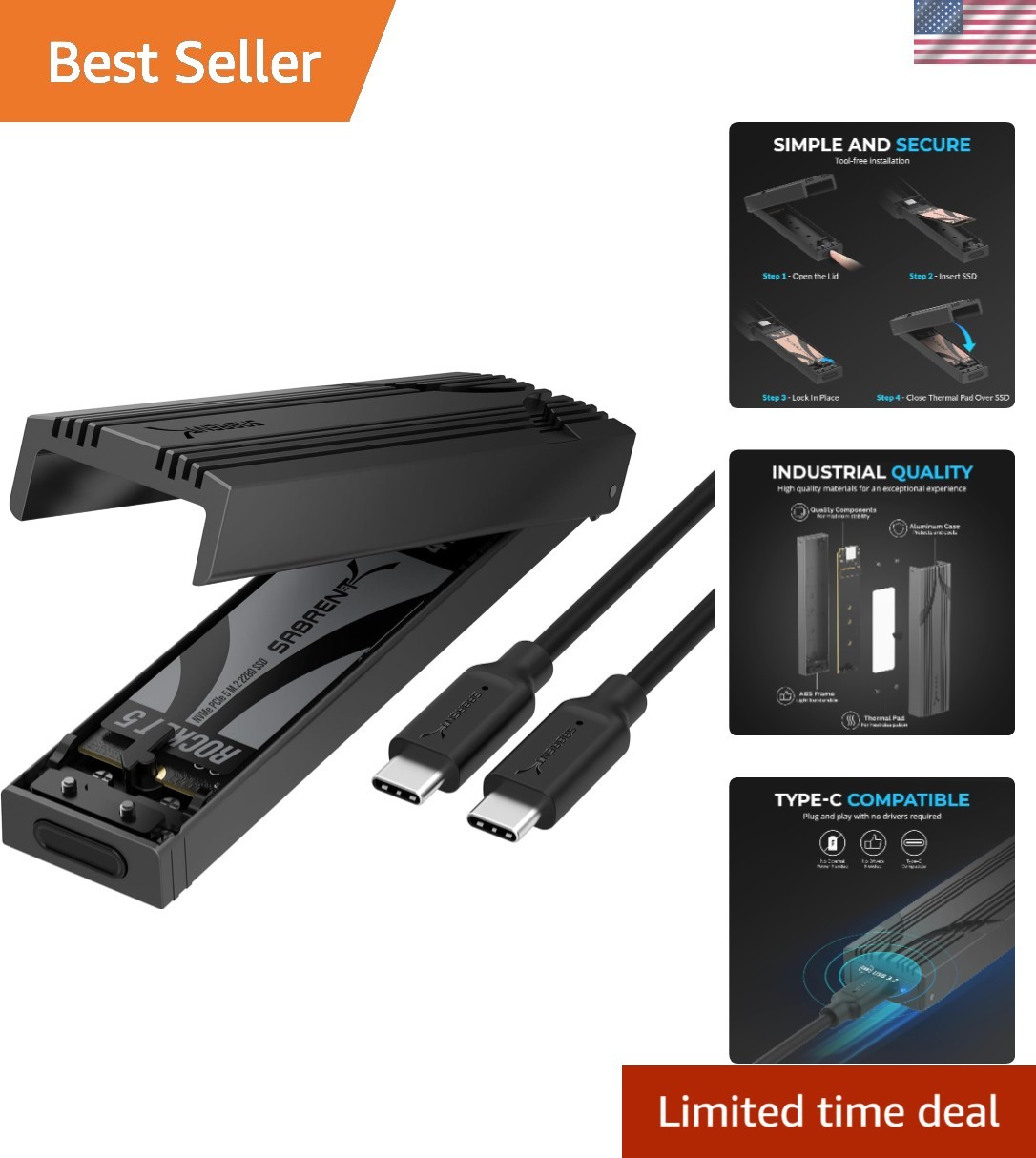 USB-C NVMe Enclosure & Reader, M.2 PCIe SSD, 10Gbps EC-PNVO | Tool-free M.2 P...