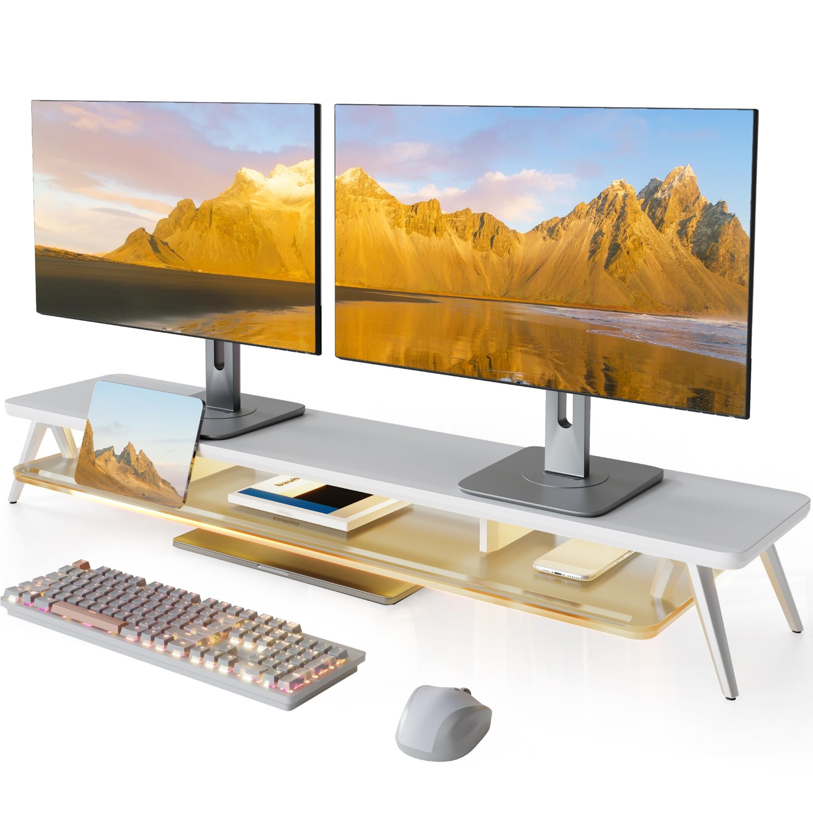 Fenge Dual Monitor Stand for Desk, Wooden Computer Riser, White