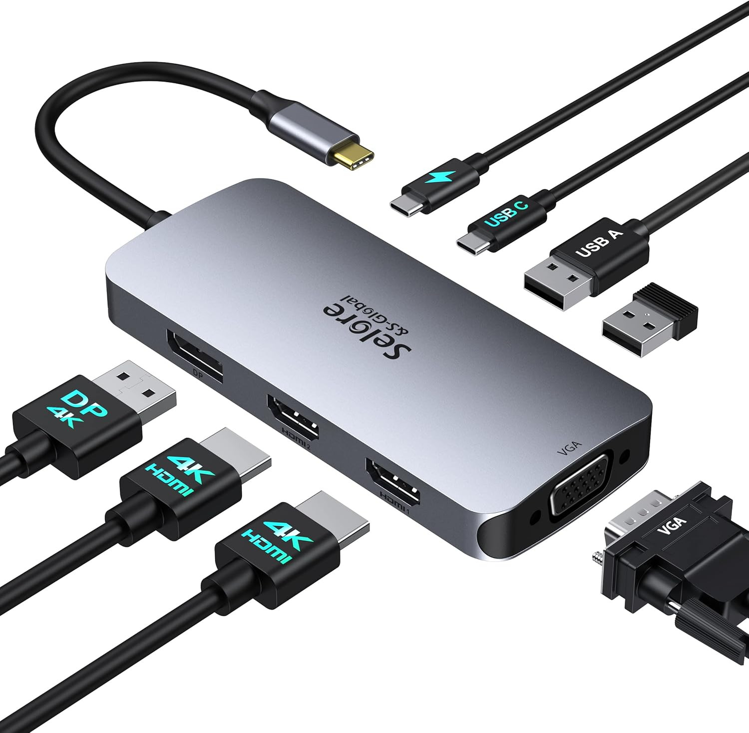 USB C Docking Station Dual HDMI Monitor Adapter, Selore USB C Hub 3 Monitors wit