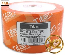 100-Pak =SEMI-GLOSSY= Titan 16X Silver Inkjet Hub DVD-R's, Titan T6891100 picture