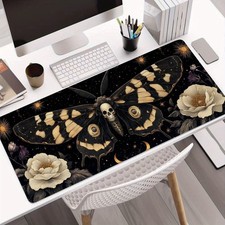 Large Gothic Moth Skull & Roses Design Mouse Pad - Non-Slip Rubber Desk Mat fo picture