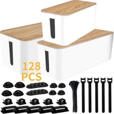 128 PCS White 3Pack Cable Management Box Kit Power Strip Cord Hider Clips picture
