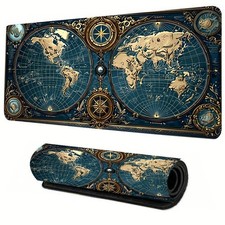 Vintage World Map Desk Mat – Elegant  & Golden Design with Nautical Elements, picture