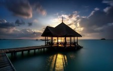 Landscape pier hut water clouds sunset reflection shadow Custom Gaming Mat Desk picture