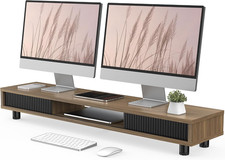 Fenge Dual Monitor Stand with Storage, Desk Shelf with Glass Sliding Door picture