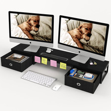 39 Inch Dual Monitor Stand Riser with Drawers Black Wooden Computer Desk picture